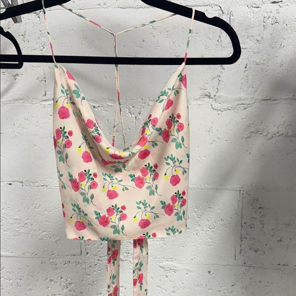 ZARA Floral Print Women's Crop Silky Top Ties in Back Thin Spaghetti Strap Small
